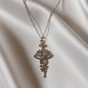 Lotus Flower Unalome Pendant Necklace Silver Tone NWOT